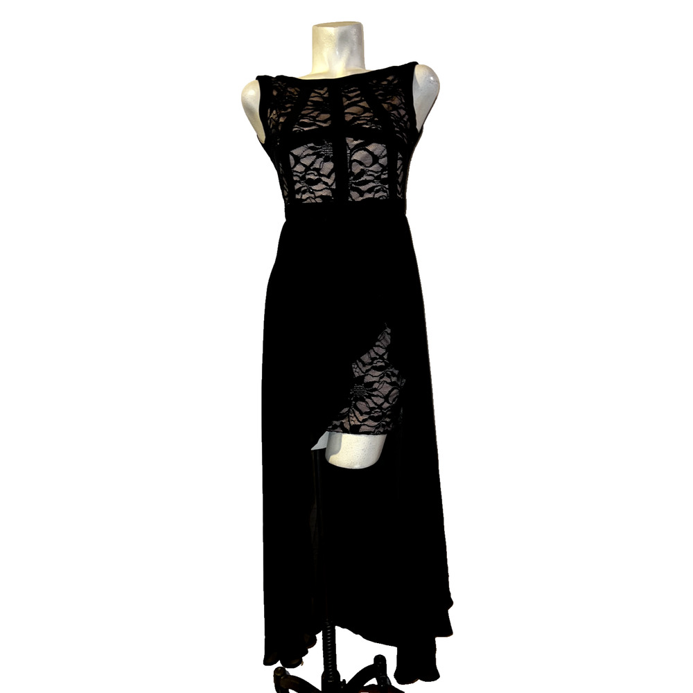 New MORGAN & CO. Sz 3/4 Sexy Black Lace Panel Lined Mini Dress w/Long Sheer Tail